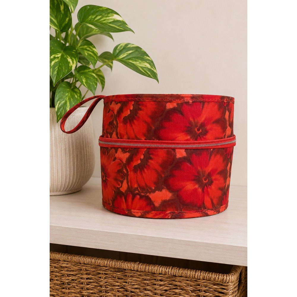 Vintage Red Orange Floral Round Wig Box Hat Case Travel Carrier Poppy Print Bold